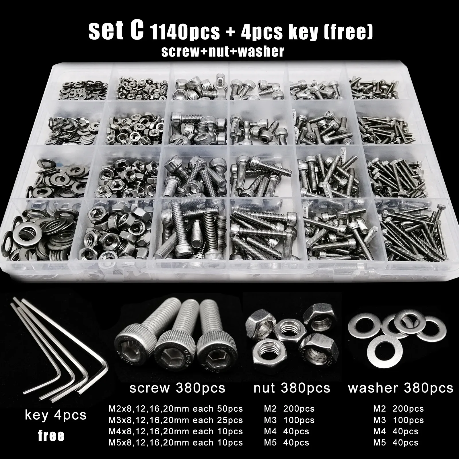 Total 400/650/1140/2100X M1.6 M2 M2.5 M3 M4 M5 304 Stainless Steel Hexagon Hex Socket Cap Head Screw Bolt Nut Set Assortment Kit