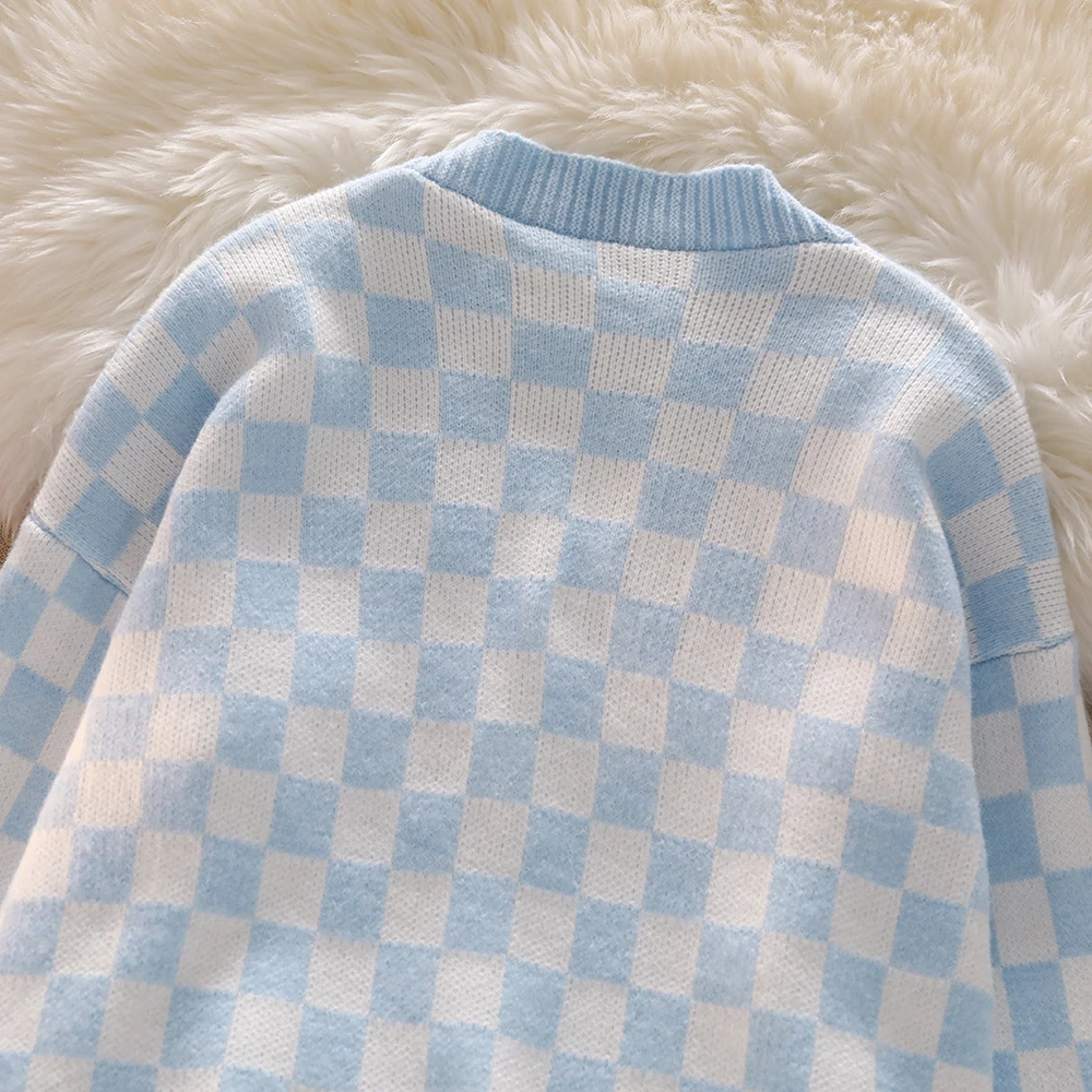 Blue Chessboard Plaid Knitted Cardigan Sweater Women\'s Winter Warm Button Knitted Coat Sweater Jumpers Outerwear Cardigan Top
