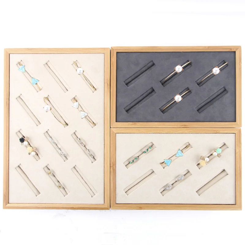 

Top Natural Bamboo Gray/Beige 6/12 Grids Bracelet Case Display Tray Plug-in Fine Counter Display Jewelry Ring Windows Show Props