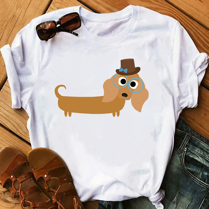 Girl Tee Short Sleeve White Tops Summer Cute Sausage Dog T-Shirt women Funny dog Graphic  Female  Harajuku Top