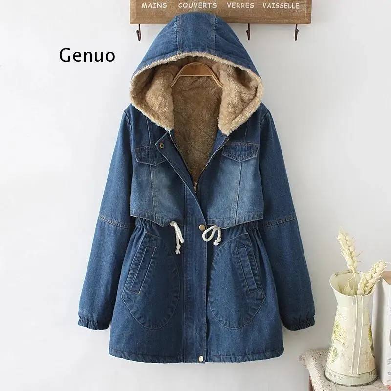 Women Denim Winter Coat 2020 Casual Loose Hooded Thicken Loose Denim Jackets Warm Long Padded Cotton Parkas Jacket Female