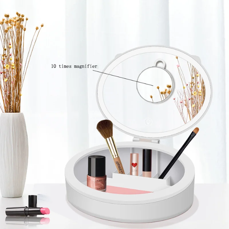 Led Cosmetische Spiegel Opbergdoos Desktop Vullen Licht Makeup Lamp Vanity Spiegel Draagbare Cosmetica Afwerking Opbergdoos