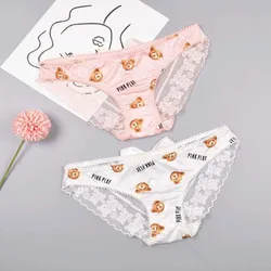 Lencería Kawaii para mujer, bragas de oso, cintura baja, encaje con volantes, seda de leche, ropa interior femenina