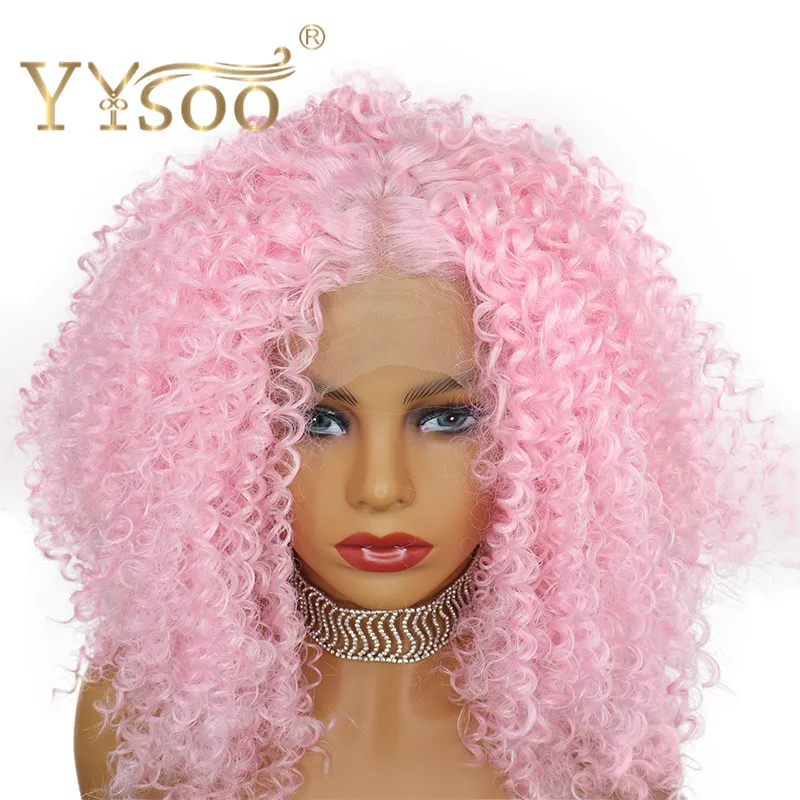 YYsoo 13x4 Short Pink Kinky Curly Lace Front Wigs for Black Women Glueless Half Hand Tied Synthetic Curly Wigs High Density