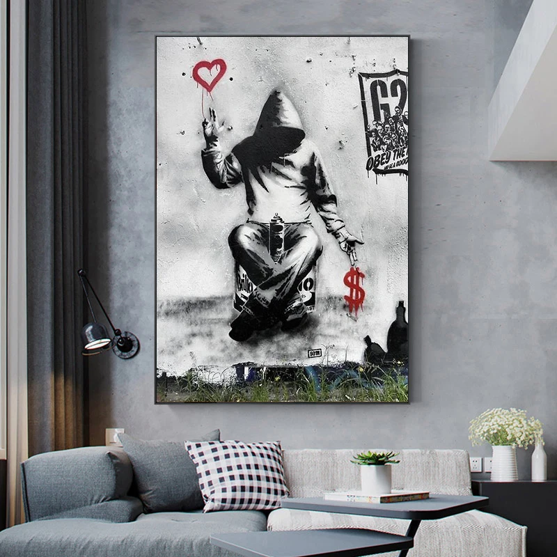 Banksy Love Over Money Graffiti Street Art Canvas Printing Posters and Prints Wall Art Pictures for Living Room Decor (No Frame)