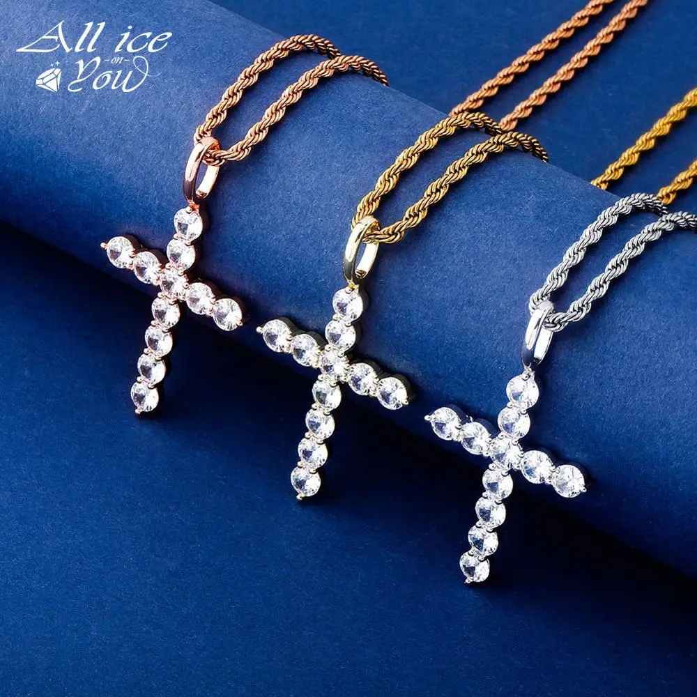 ALLICEONYOU New High Quality Iced Out Cubic Zircon Fashion Cross Crystal  Pendant&Necklace Hip Hop Fashion Jewelry FemaleGift