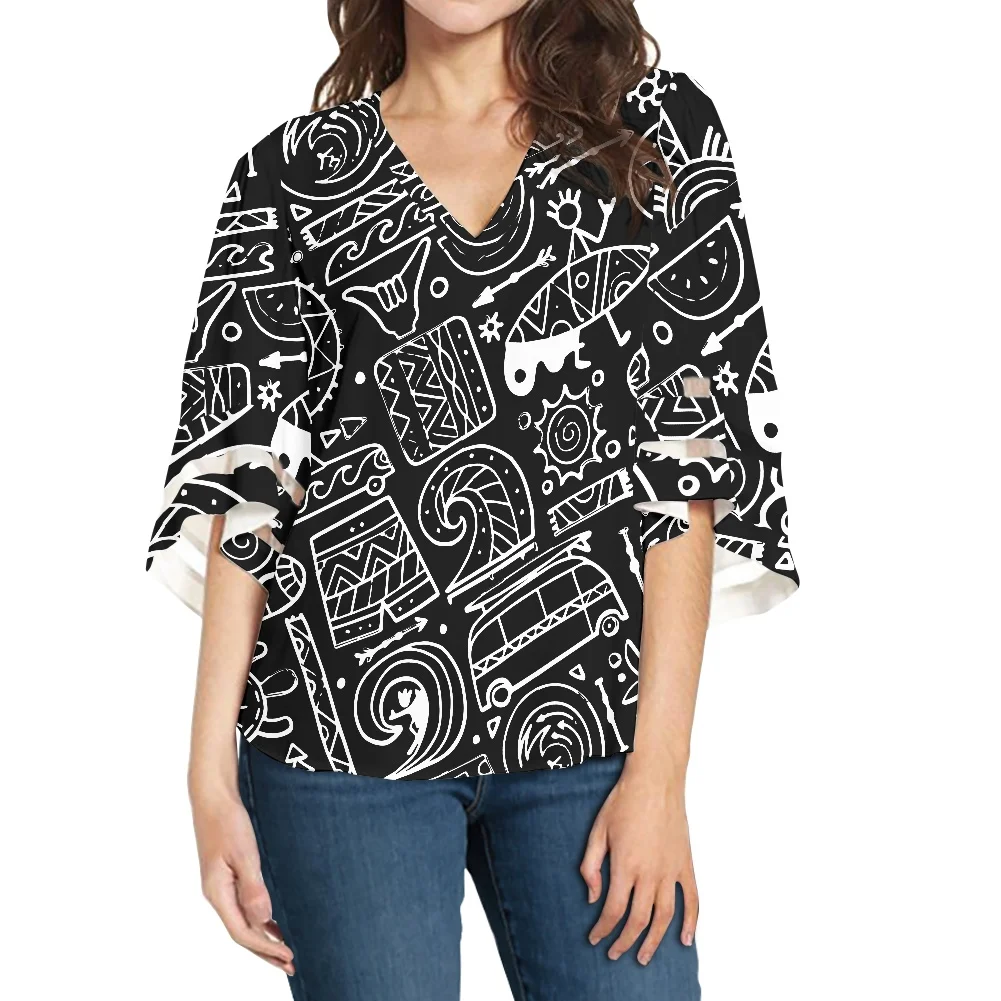 Print On Demand Lace-Trimmed Half-Sleeve Chiffon V-Neck Short-Sleeve Top Polynesian Tribal Pattern Design Everyday Wear Shirt