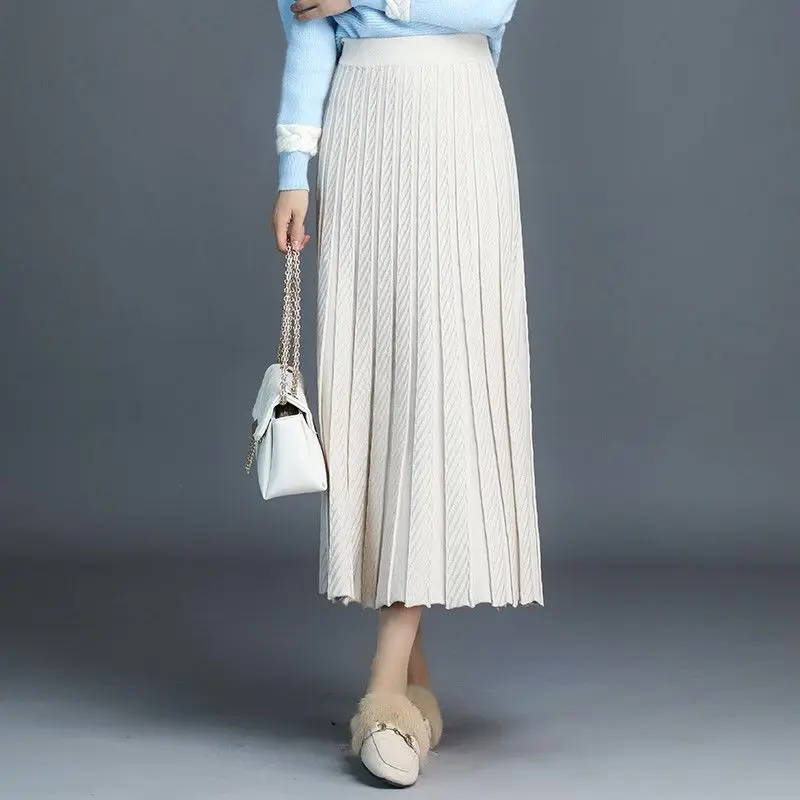 Thickened Knitting Skirt Autumn and Winter Women\'s Pleated Skirt Long A- line Skirt Woman Skirts Mujer Faldas Saias Mulher