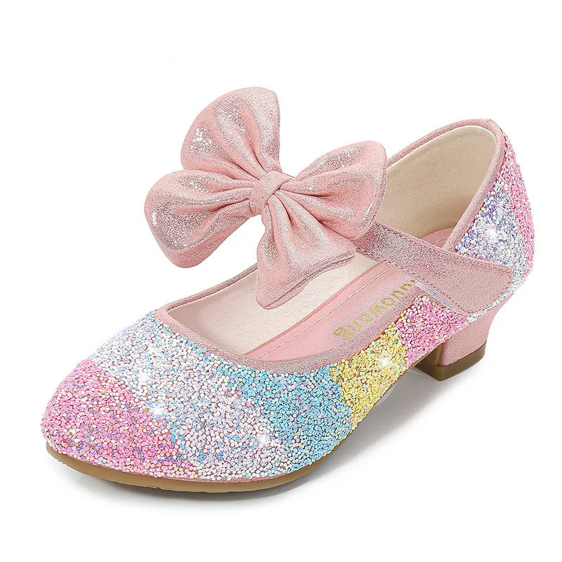 Girls Leather Shoes Princess Shoes Children Shoes round-Toe Soft-Sole Big girls High Heel Princess Crystal Shoes Single Shoes