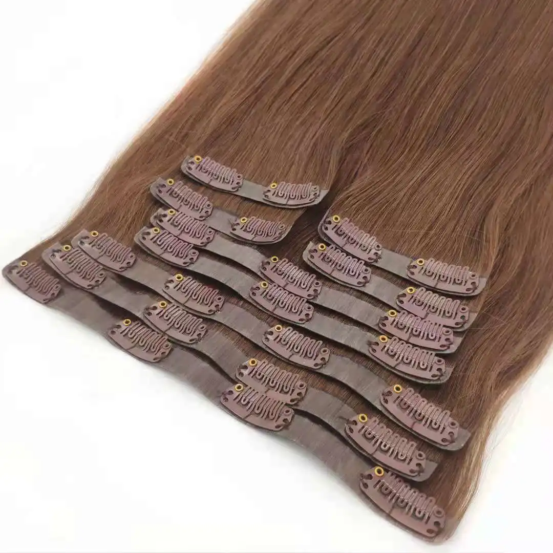 Bluelucky High Quality One Donor Full Head European Remy Seamless Clip Hair Extension Brown Color