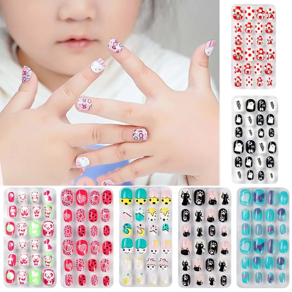 24Pcs/Set Cartoon Style Kids Fake Nails  Detachable Press On Fake Nails Full Cover Press Stick On Nails Children Nail Decor