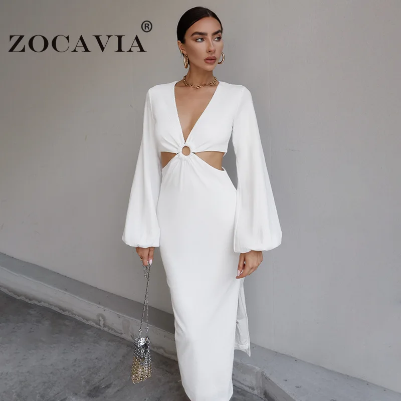 

Elegant White Dress Maxi Robe Autumn Female Clothing Party Dresses Sexy V-neck Side Split Long Dress Night Vestido Feminino