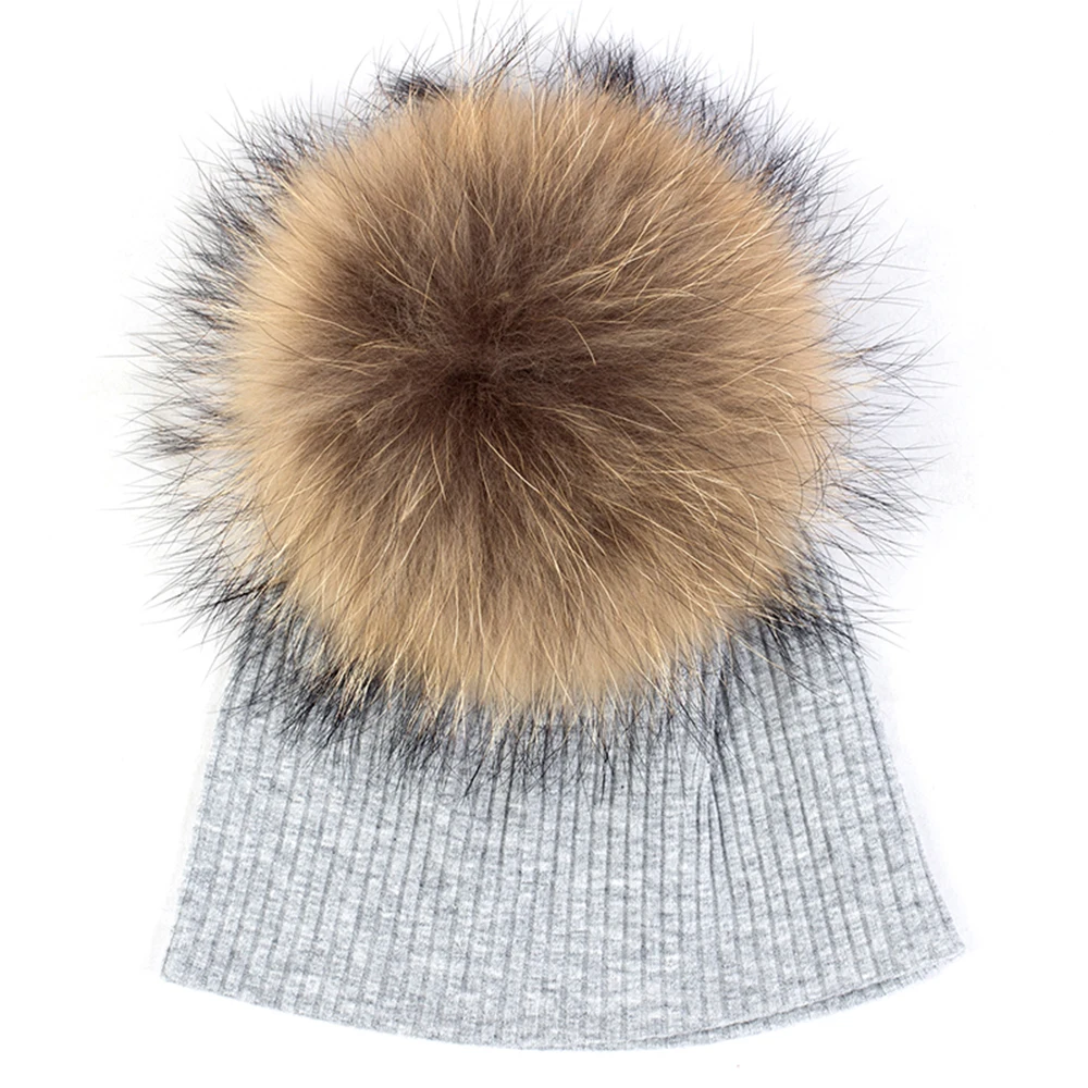 Lovely Baby Knitted Ribbed Beanie Hats with 15cm Real Fur Pompom  Children Solid Color Toddler Skull Warm Skullies&Beanies Hat