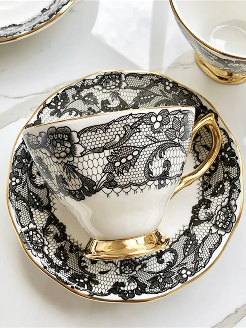 England Bone China Coffee Cup Saucer Set, Luxury Afternoon Tea Party Ceramic Dessert Plate, Creative Lace Porcelain Tea Cups