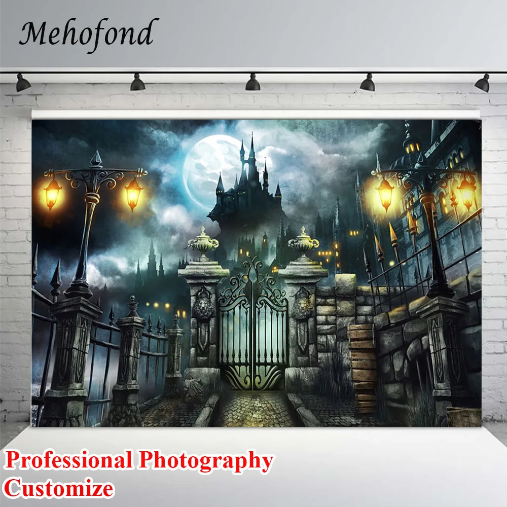 Mehofond Halloween Background for Photography Night Scary Castle Cloudy Sky Moon Warm Light Backdrop For Photo Studio Photozone