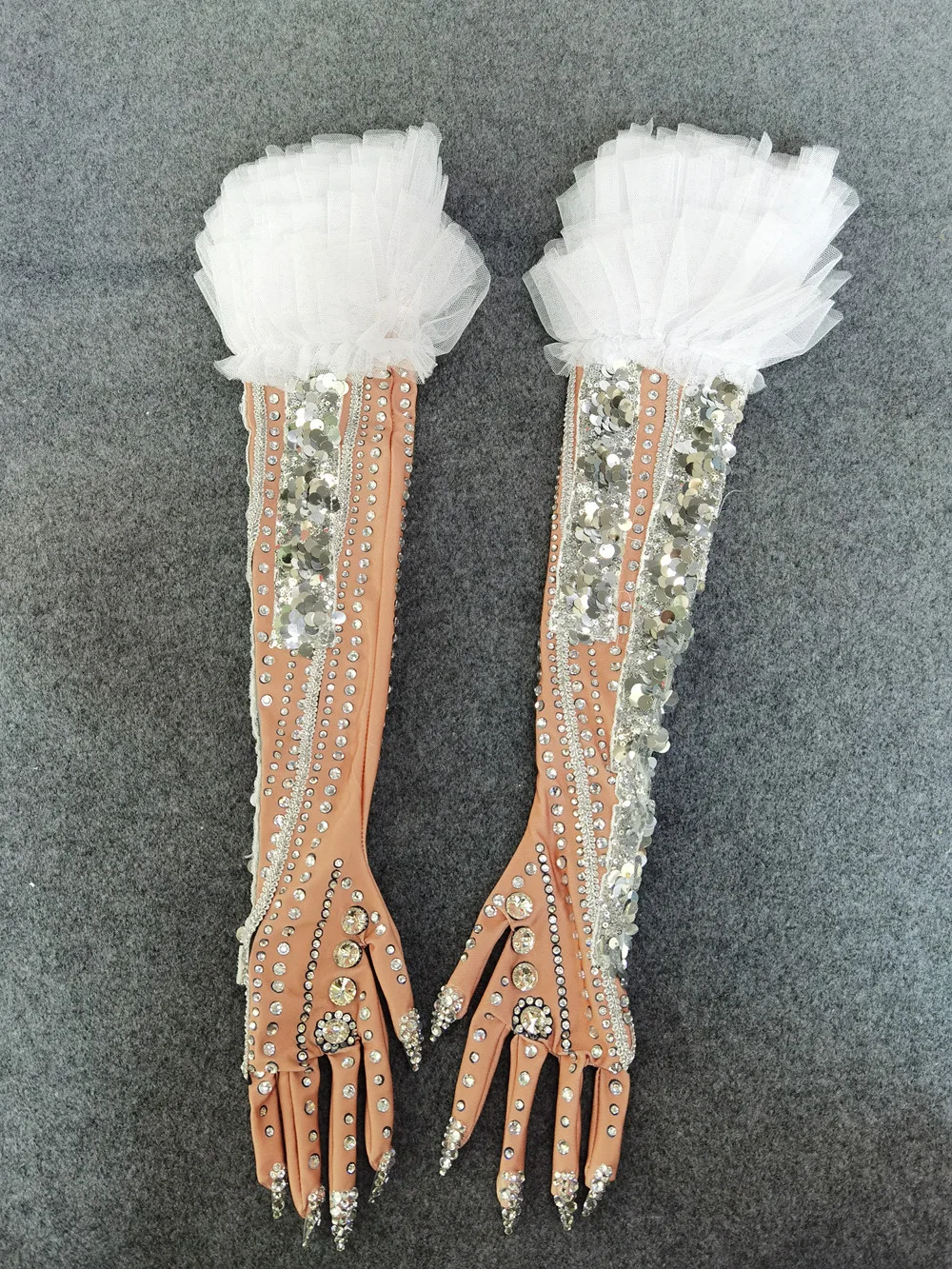 Fashion Party Rhinestone Gloves Women Skin Nude Color Ruffles Crystal Prom Wedding Long Gloves Dancer Singer Stage Accessories