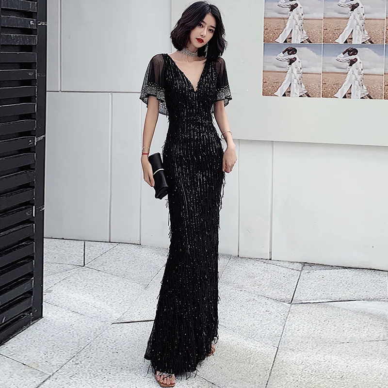 Sequins Evening Dresses V-Neck Beads Bling Short Sleeves Mermaid Floor-length Lace Black Plus size Women Formal Party Dress C211