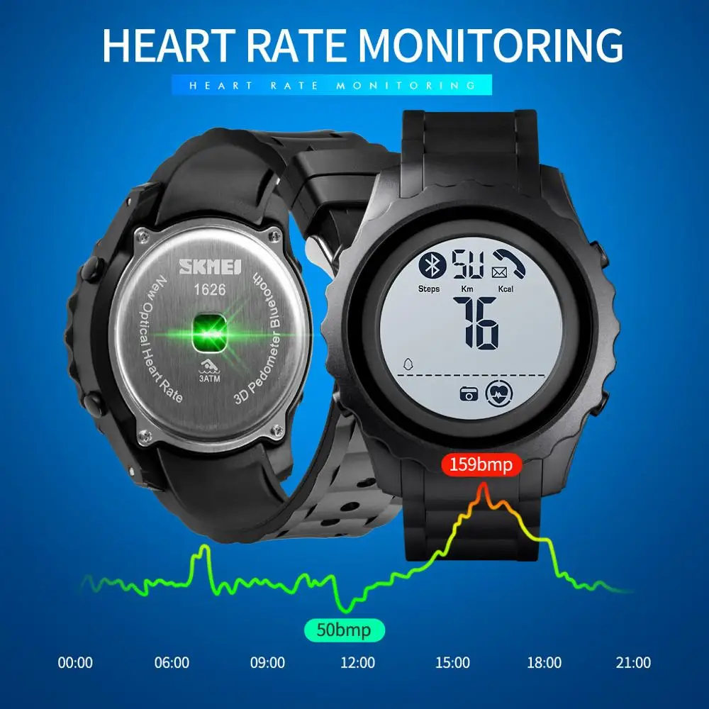 SKMEI Sport Smart Watches Waterproof Bluetooth Wristwatch Pedometer Calorie Tracker Heart Rate Monitor Digital Watch 1626