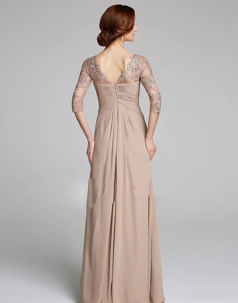 Modest Champagne Mutter der Braut Kleider Plus Größe Geraffte Spitze Applique EINE Linie Chiffon Hochzeit Gäste Kleid Mütter Formale