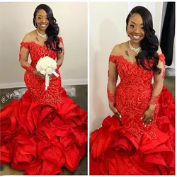 Illusion Long Sleeve African Evening Formal Dresses 2022 Cascading Ruffles Red Lace Beaded Plus Size mermaid Prom Party Gowns