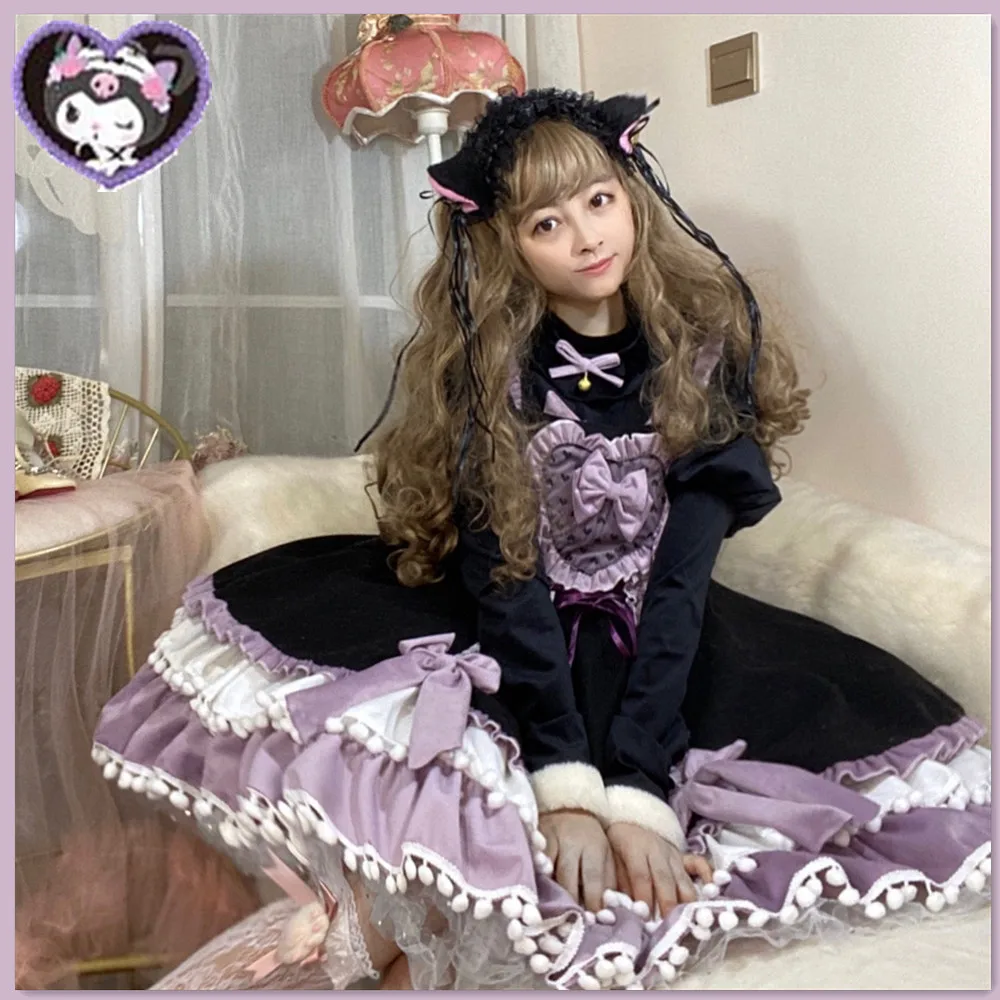 Lolita Sweet Soft Girl Magic Girl Cat Cute Autumn Winter Stand-up Collar Puff Sleeve Dress Cute Thick Suit Dress ＋shirt Cosplay