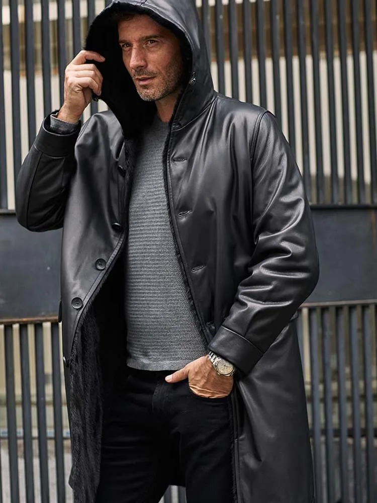 ​​Denny&Dora Men's Overcoat - Imported Black Cowhide Leather, Double-Sided-Wear Mink Fur Liner Long Parka Jacket​