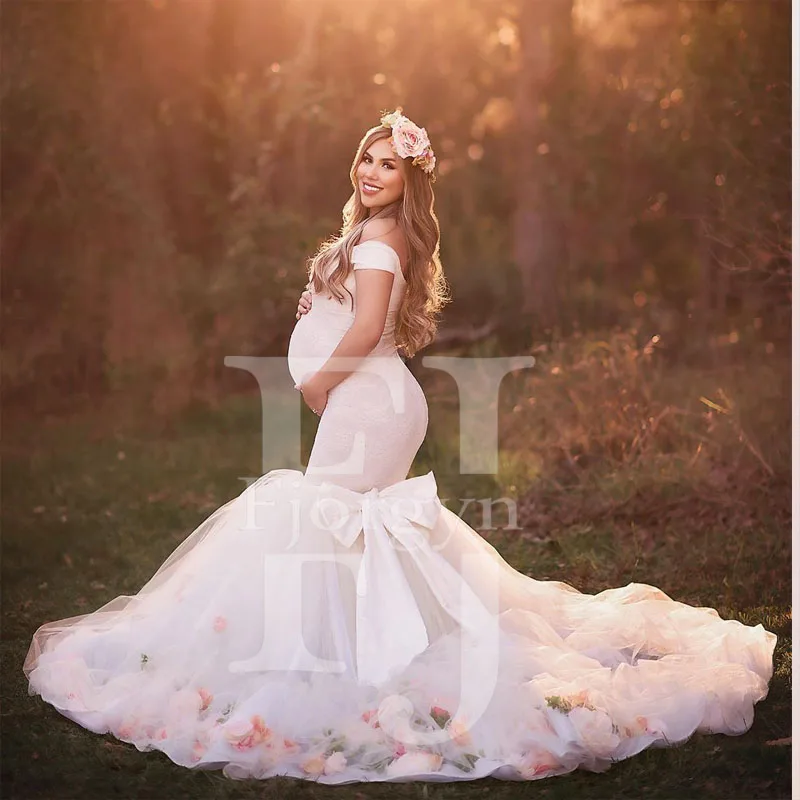 Haute Couture Maternity Gown for Photoshoot Off Shoulder Mermaid Pregnant Bridal Dress with Bow and Applique New Wedding Gowns