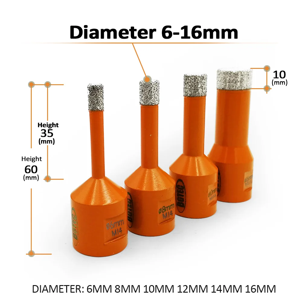 BGTEC 5pcs M14  6/8/10/12mm Vacuum Brazed diamond drilling Drill bits with HEX adapter dry hole saw for