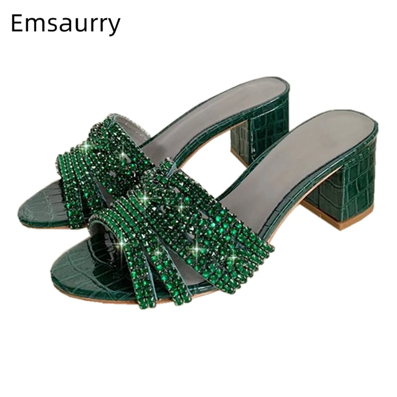 Diamond Rhinestone Banquet Shoes Woman Genuine Leather Med Hoof Heel Sexy Open Toe Slim Summer Sandals Women