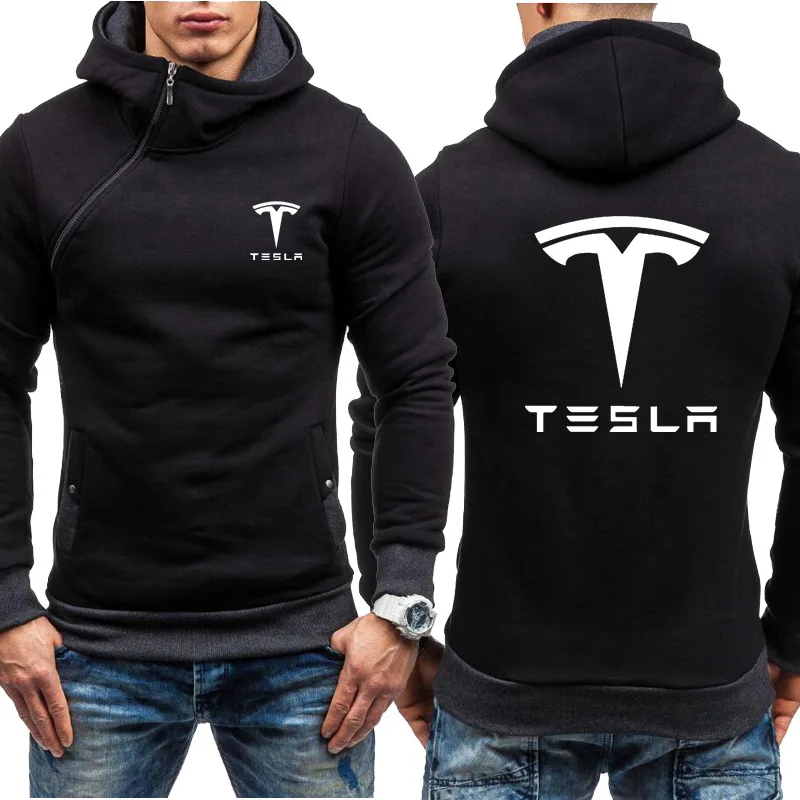 Tesla Men Hoodie Diagonal zipper Sweatshirt