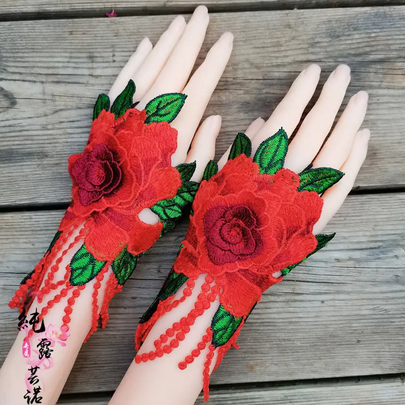 Guantes de pantalla táctil 3D para mujer, conjunto de anillo y pulsera Retro con flores, accesorios de vestir para fiesta en casa, decoraciones