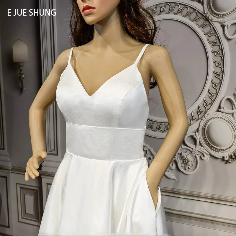 E JUE SHUNG White Satin Simple Hi Low Wedding Dresses V-neck Spaghetti Straps Backless Bridal Gowns Robe De Mariee Real Dress