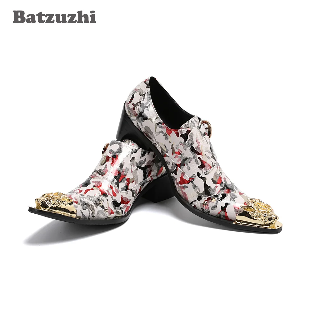 

Batzuzhi Men'S Shoes 6.5cm High Heel Pointed Metal Tip Color Genuine Leather Dress Shoes Lace-up Zapatos Hombre Party Shoes Male