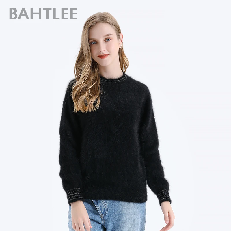 BAHTLEE-Women\'s Angora Wool Sweater, Knitted Jumper, Long Sleeves, O-Neck, Silver Wire Suit, Basic Style, Autumn, Winter