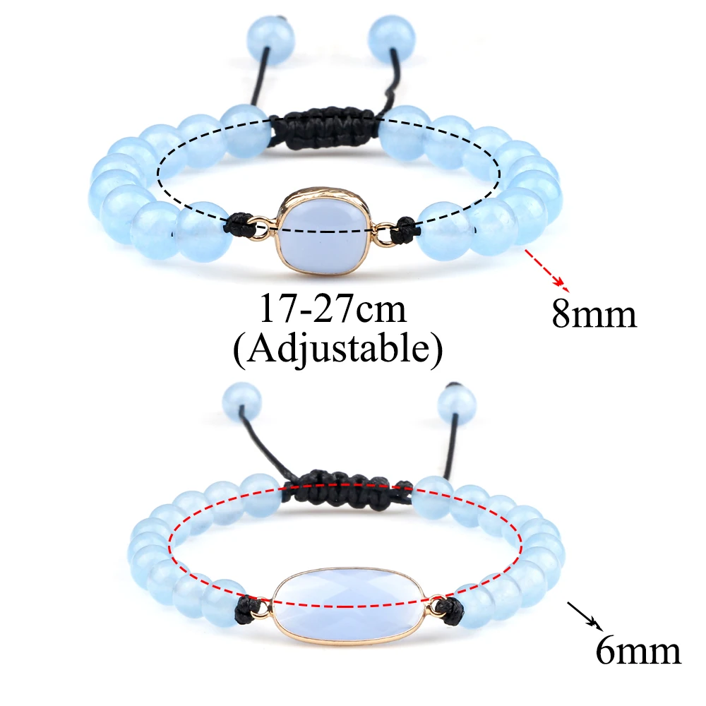 الأزياء 6 8MM الأزرق العقيق حبة سوار البيضاوي قطرة نوع حجر قلادة مضفر سوار زوجين قابل للتعديل مجوهرات هدية