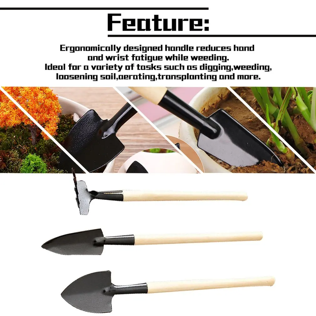 3pcs Mini attrezzi da giardinaggio manico in legno piante in vaso in acciaio inossidabile pala rastrello vanga per fiori Set di strumenti per piante in vaso