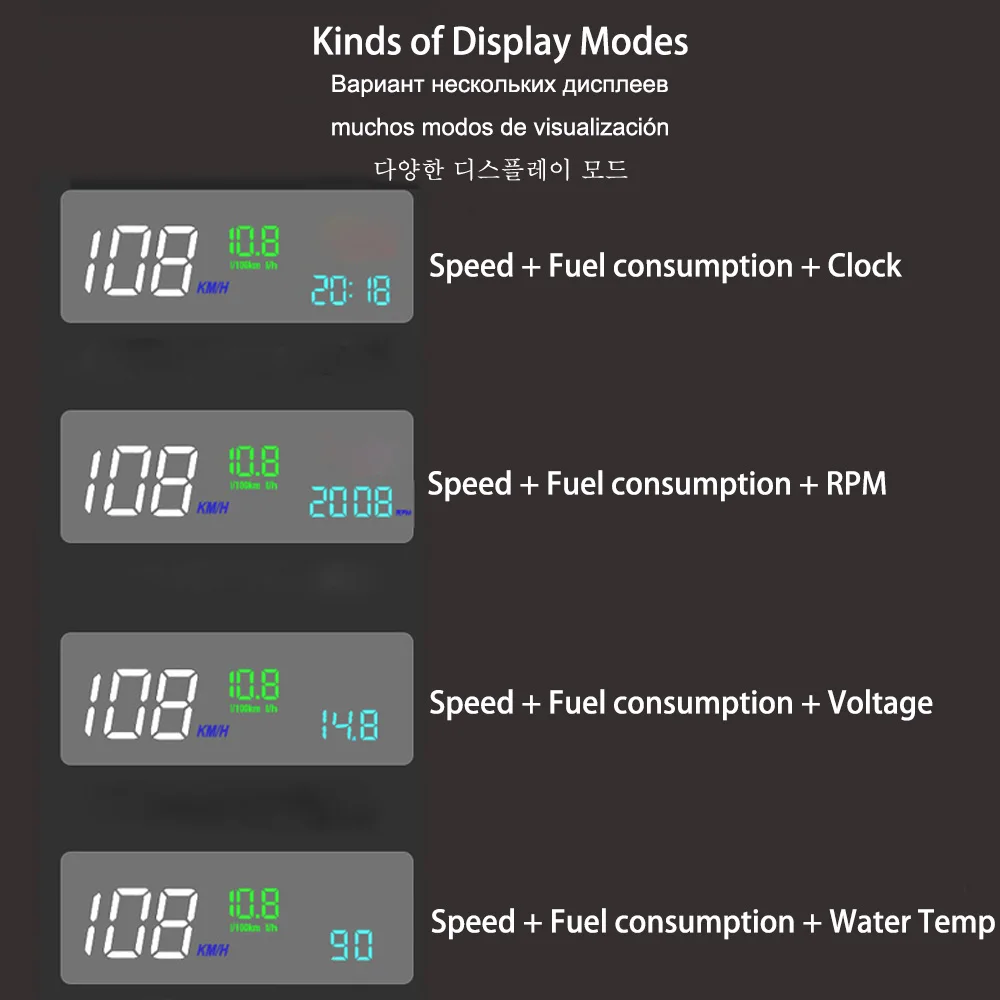 Vjoycar MX20 Spiegel Hud OBD2 Snelheidsmeter Grote & Clear Lettertype Rpm Snelheid Projector Klok Olie Verbruik Auto Spiegel Op & off