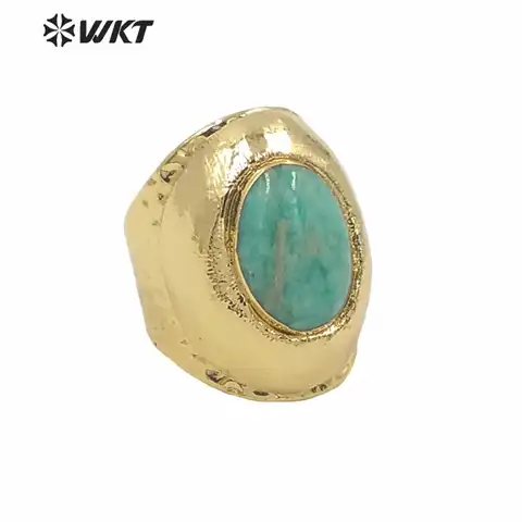 WT-R322 Natural Amazonite Stone Jewelry Oval Shape Stone With Gold Metal Plated Women Fashion Ring Bohomia Gift For Female