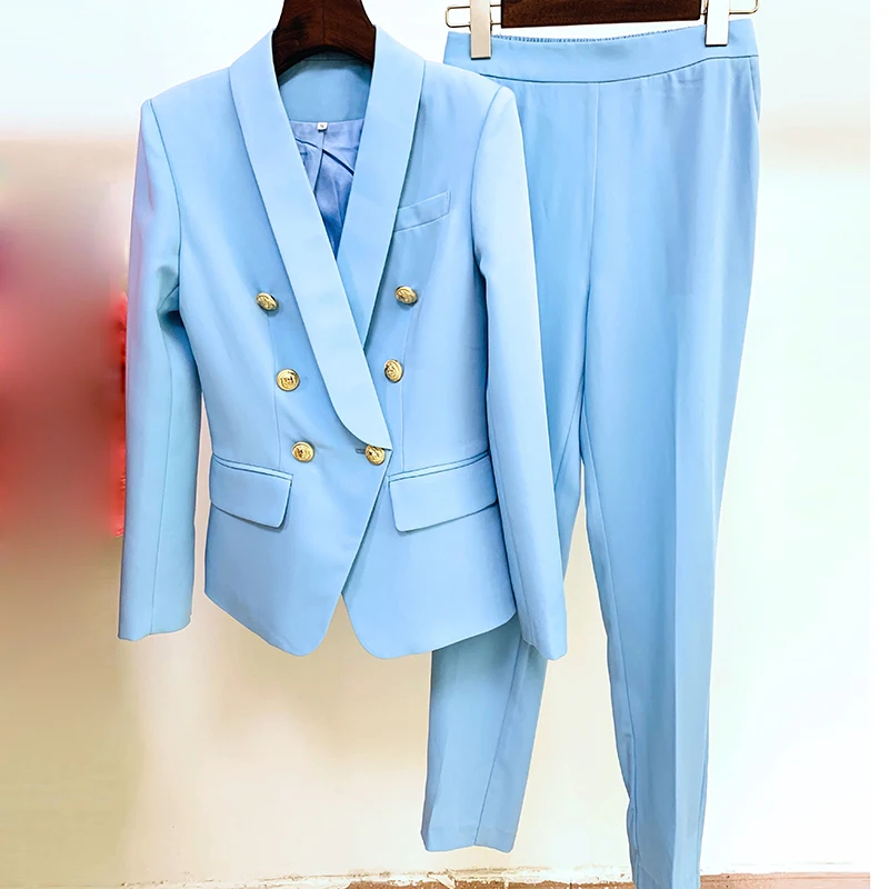 

New Fashion 2024 Designer Blazer Suit Set Women's Career Classic Shawl Collar Lion Buttons Double Breasted Blazer Pants Suit