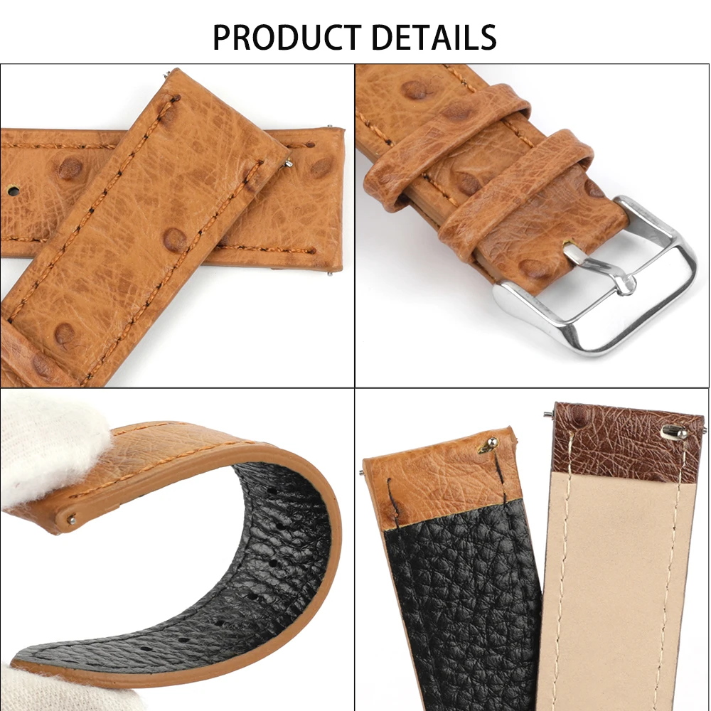 Genuine Leather Retro Ostrich Pattern Leather Watchbands Straps 18mm 20mm 22mm 24mm Smart Quick Release Watch Bands Replacement