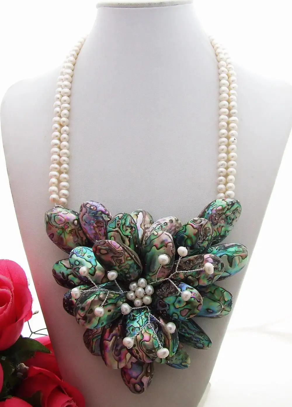 Y·YING 2 Strands Freshwater White Pearl Abalone Shell Flower Statement Necklace