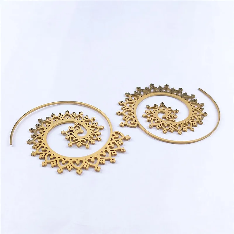 Trendy Aesthetic Indian Hoop Mandala Openwork Flower Earrings Women Stainless Steel Gold Color Tribal Ethnic Jewelry E8954S01