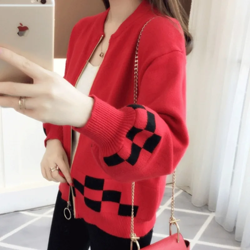 UHYTGF Spring Knit Sweaters Women Korean Loose Big Size Sweater Female Splice Zipper Short Tops Cardigan Autumn Sweater Coat 727