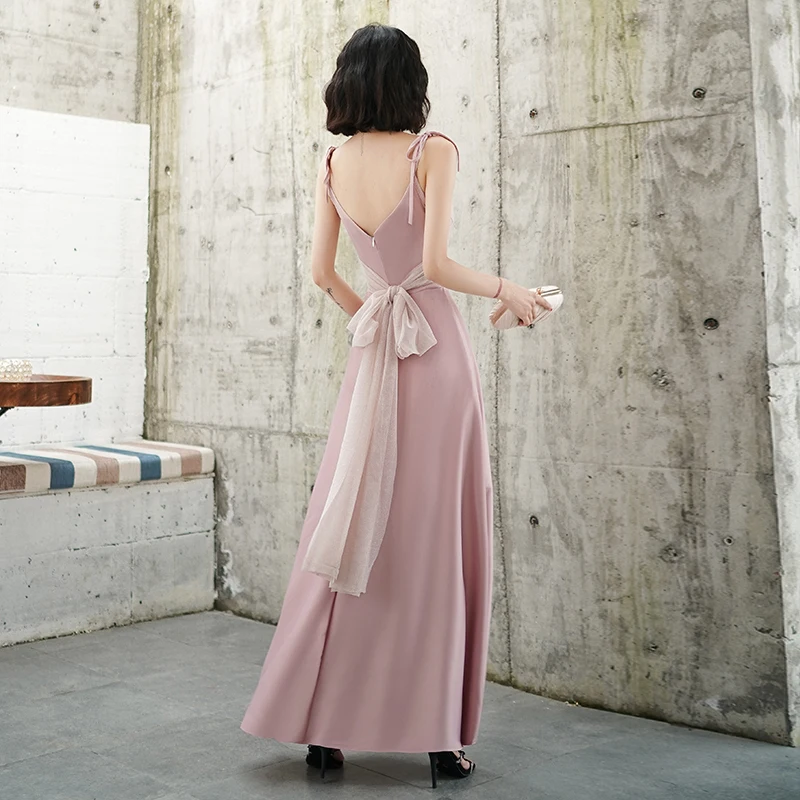 Pink Evening Dress 2020 New Fashion Sexy V-neck Spaghetti Strap Prom Dress a Line Ankle Length Banquet Party Dress Robe De Soire