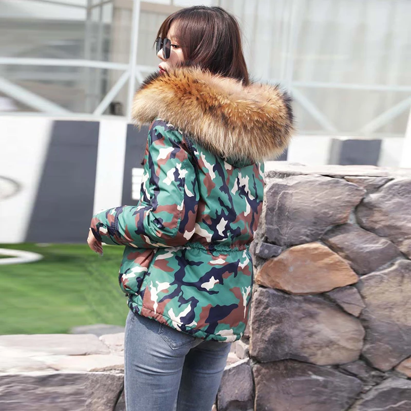 Down jacket thick winter hooded jacket oversized raccoon fur collar green camouflage women's jacket