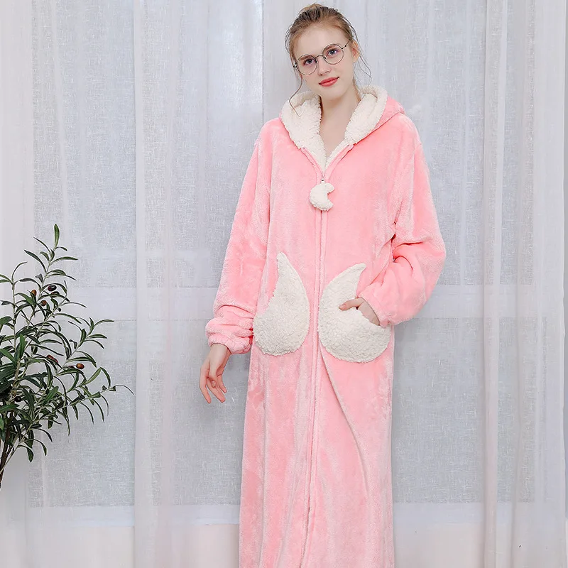 

Winter Women Flannel Bathrobe Warm Robe Nightgown Plus Size Long Home Dress Nightwear Pink Thick Coral Fleece Loose Bathrobe