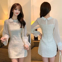Chiffon Peter Pan Collar A Line Short Dress Fashion Women Woollen Dress Autumn Winter Plaid Tweed Patchwork