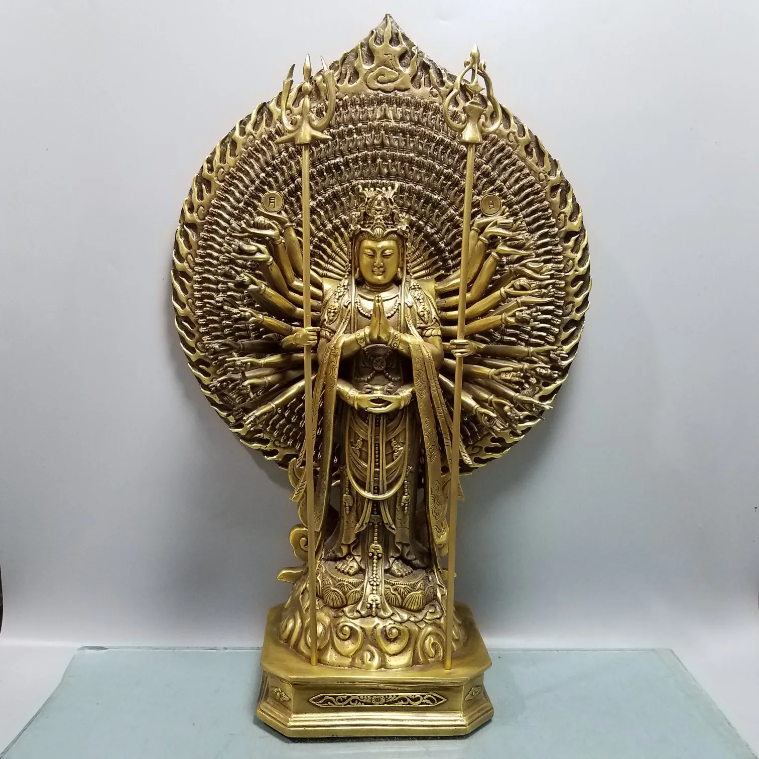 

20"Tibetan Temple Collection Old Bronze 1000 Arm Guanyin Thousand-hand Bodhisattva Standing Buddha Backlight Worship Hall