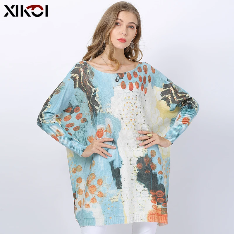 XIKOI Winter Oversized Sweaters For Women Long Wool Pullovers Loose Sky Blue Knitted Patchwork Jumper Printed O-neck Pull Femme