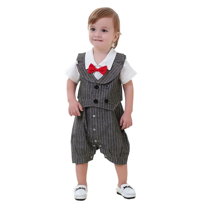 

Baby Boys Stripe Bow Tie Clothes Suits Kids Summer Short Sleeve England Overalls+Vest Boy 1 Years Baptism Christening Clothing